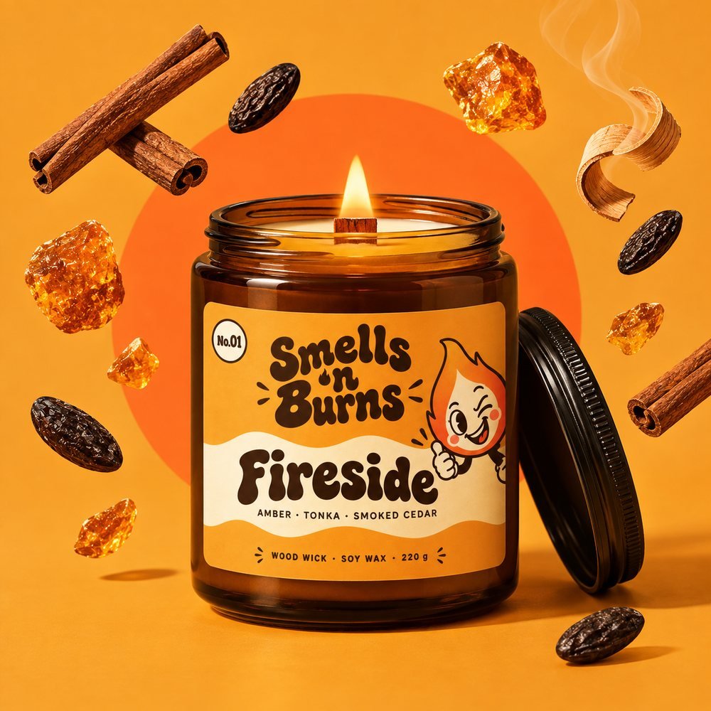 Fireside candle in an amber jar, surrounded by cinnamon, amber resin and tonka beans